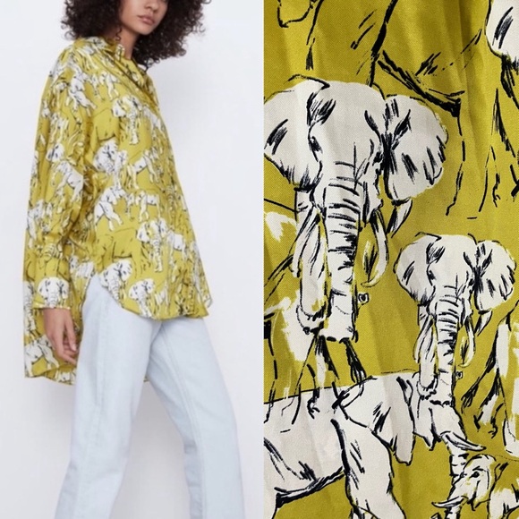 ZARA Oversized Elephant Print Blouse Chartreuse Satin Button Up Blogger Fave M - Picture 1 of 16